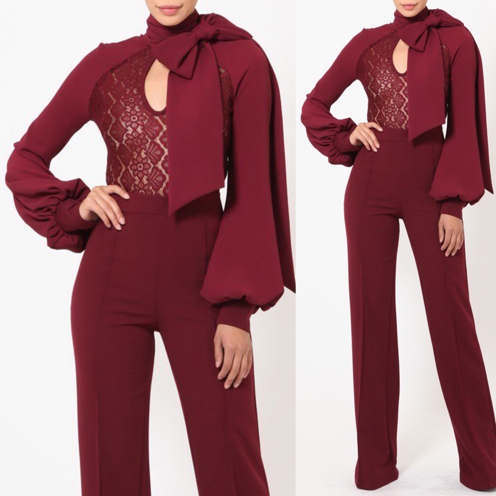 Burgundy lace top jumpsuit - Picture 2 of 7